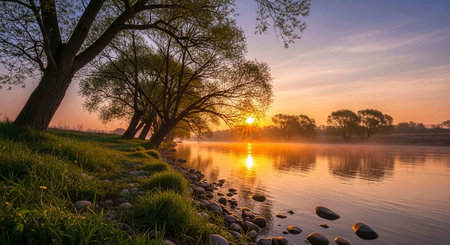 Sunrise over the river in spring with trees in the foreground.の写真素材