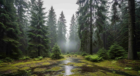 Misty morning in the coniferous forest. Panoramic view
