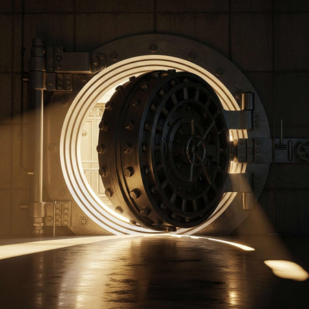 3D rendering of a closed vault door with glowing lights.の写真素材
