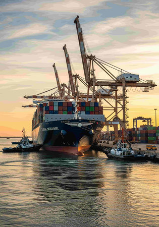 Container Cargo freight ship with working crane bridge at sunset for Logistic Import Export...