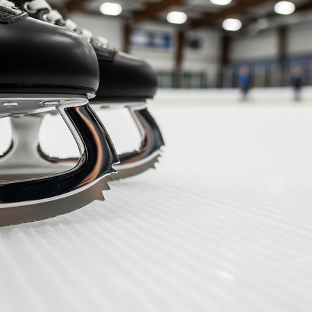 Ice skates on ice rink, extreme closeup of sport equipmentの写真素材