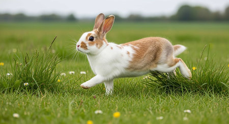 Rabbit on a meadow with dandelions in the backgroundの写真素材