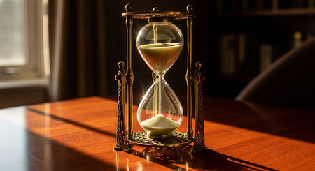 Hourglass on a table in a room with a window in the backgroundの写真素材