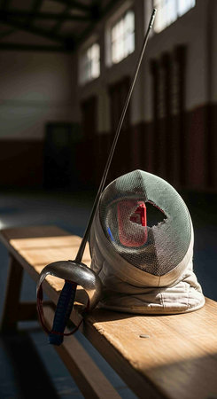Fencing mask and sword on a wooden bench in a sports hall