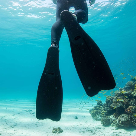 Woman scuba diver with fins and fins swimming underwater in tropical seaの写真素材