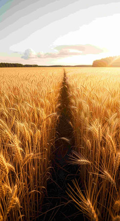 Sunset over a wheat field with a path leading to the horizon
