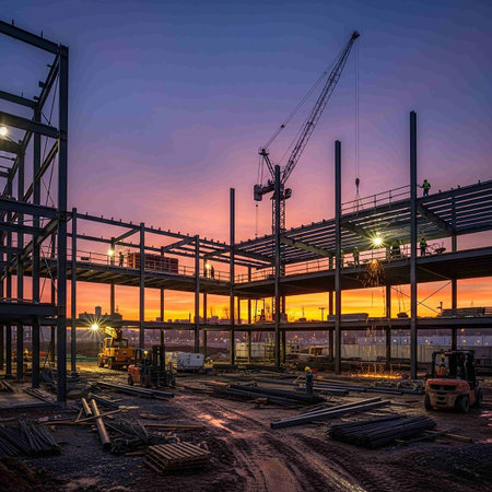 Construction site with cranes and building materials at sunset. Industrial backgroundの写真素材