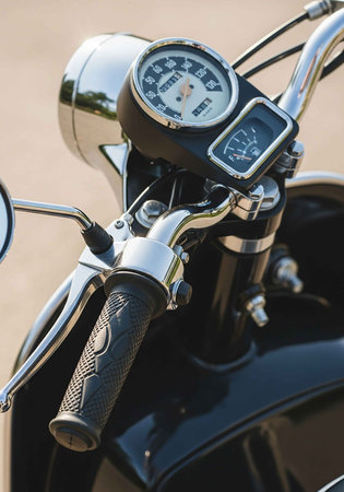 Close-up of the engine of a vintage motorcycle with a speedometer