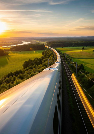 Aerial view of high-speed train moving fast on railroad track at sunsetの写真素材