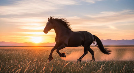 Black horse galloping on the prairie at sunset, USA.の写真素材