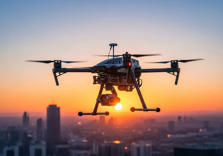 Drone flying with digital camera over cityscape at sunset or sunriseの写真素材