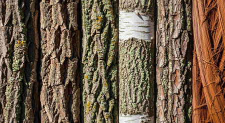 birch bark texture with lichen and moss in sunny day