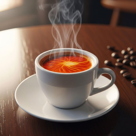 Cup of coffee with steam on wooden table in cafe, close upの写真素材