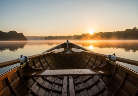 Wooden rowing boat on a foggy lake at sunrise.の写真素材