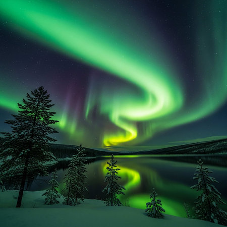 Aurora borealis over lake in winter. Northern lights.の写真素材