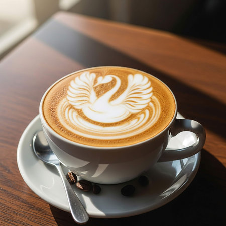 Cup of coffee latte art on wooden table in coffee shopの写真素材
