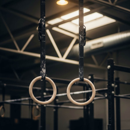 Pair of rings in gym. Sport and fitness conceptの写真素材