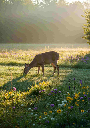 Young whitetail deer in the meadow with flowers at sunriseの写真素材