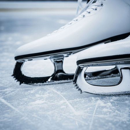Ice skates on ice. Close-up. Toned.の写真素材