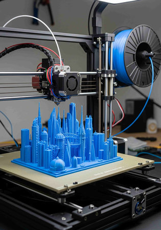 3D printer printing a model of the city. 3D printing concept.