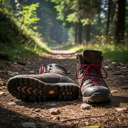 A pair of hiking boots on a trail in the forest. Shallow depth of field.の写真素材