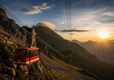 Cable car in the Swiss Alps at sunrise, Switzerland, Europeの写真素材