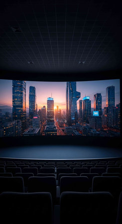 Empty seats of the auditorium at night with cityscape in the backgroundの写真素材