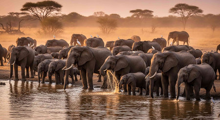 Elephants drinking water at Chobe National Park, Africaの写真素材