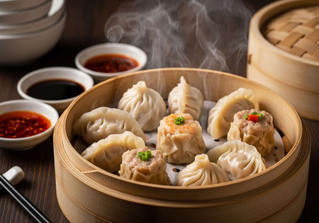 Chinese steamed dumplings in bamboo steamer, closeupの写真素材