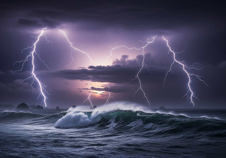 Stormy sea with lightning and thunderclouds. 3D renderingの写真素材