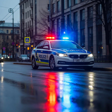 Police car in the city at night. Russia, St. Petersburg.の写真素材