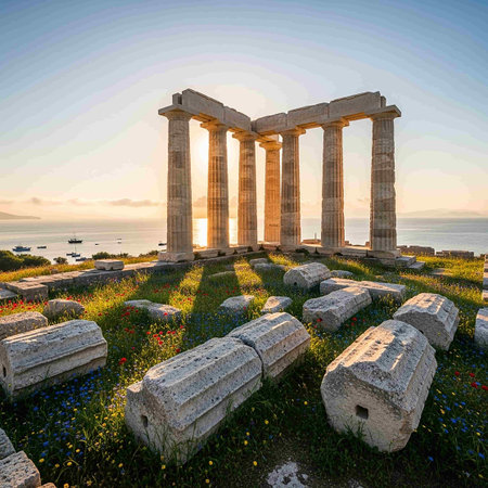 Temple of Poseidon at sunset, Cape Sounion, Greeceの写真素材