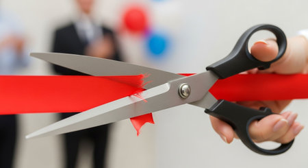 Close up of scissors cutting red ribbon with blurred people in backgroundの写真素材