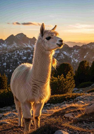 Alpaca at sunset in mountains, Italy.の写真素材