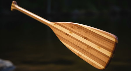 Wooden paddle for rowing in the dark water of a lakeの写真素材