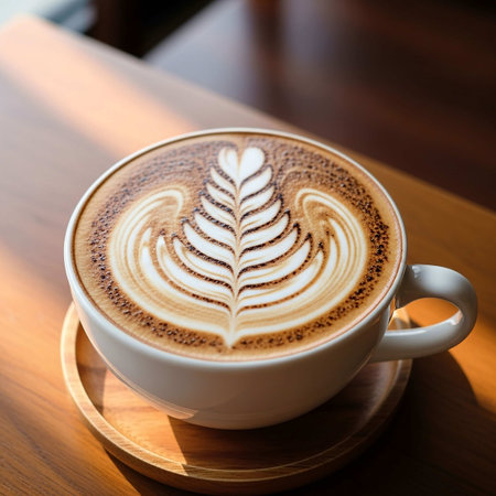 Coffee cup on wooden table in coffee shop cafe, stock photoの写真素材