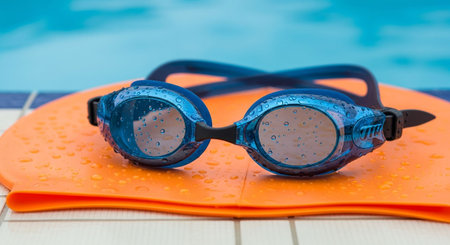 Swimming goggles on the edge of a swimming pool with water dropsの写真素材