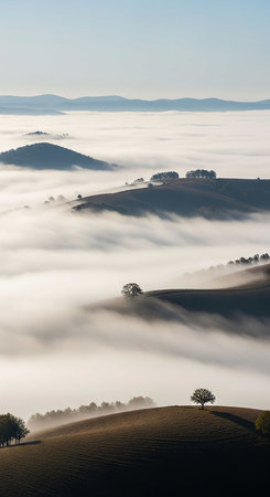 Landscape with fog in Tuscany, Italy, Europe.の写真素材