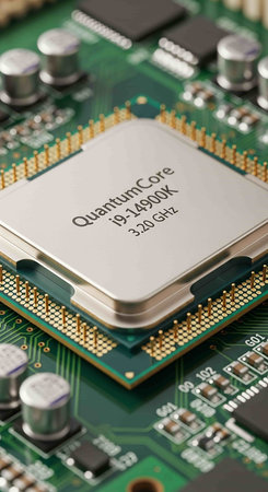 Close-up of a modern processor on a computer circuit board.