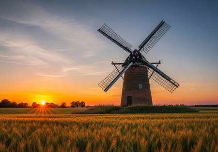 Sunset at Kinderdijk windmill in the province of Hollandの写真素材