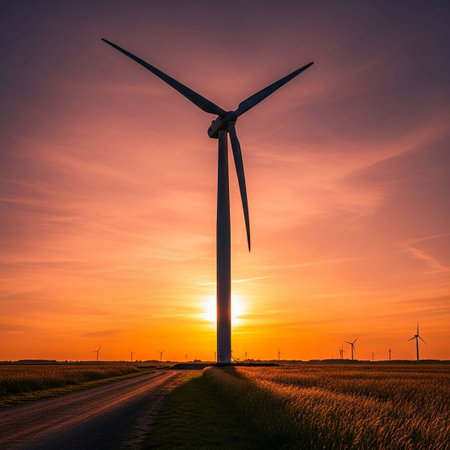 An image of windturbine generator in the field at sunsetの写真素材