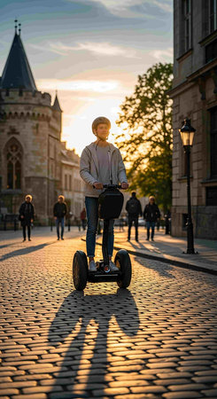 Young man riding a self-balancing electric scooter in the city at sunset