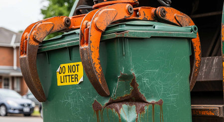 Close-up view of a recycling bin with an old rusty chain.の写真素材