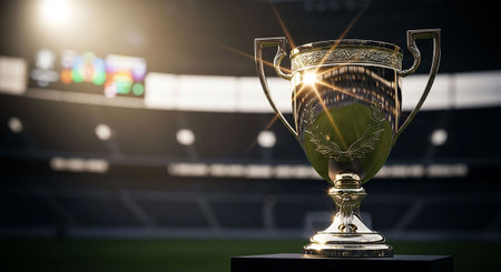 3D rendering of a trophy on the background of a football stadiumの写真素材