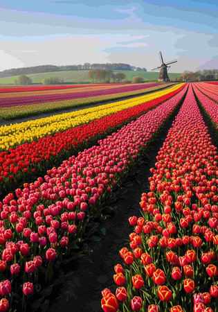 Tulip fields in Holland with windmill in the background.の写真素材