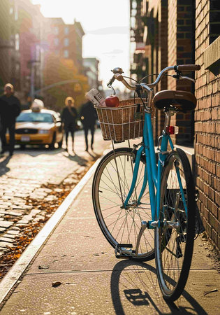 Vintage bicycle with basket of apples on the sidewalk in the cityの写真素材