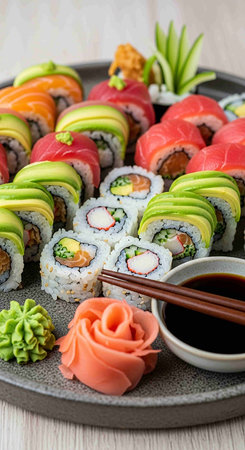 Sushi rolls with salmon, tuna, avocado and cucumber.の写真素材