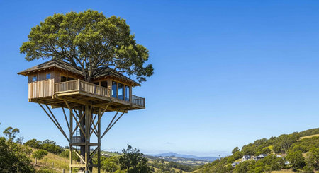 Wooden lookout tower on the top of a hill in Australia.の写真素材