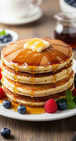 Pancakes with fresh berries and maple syrup on a wooden background