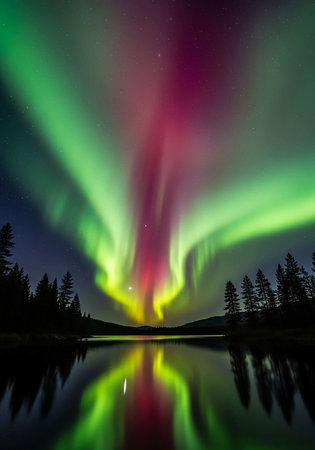 Aurora borealis, northern lights, over lake in Norwayの写真素材